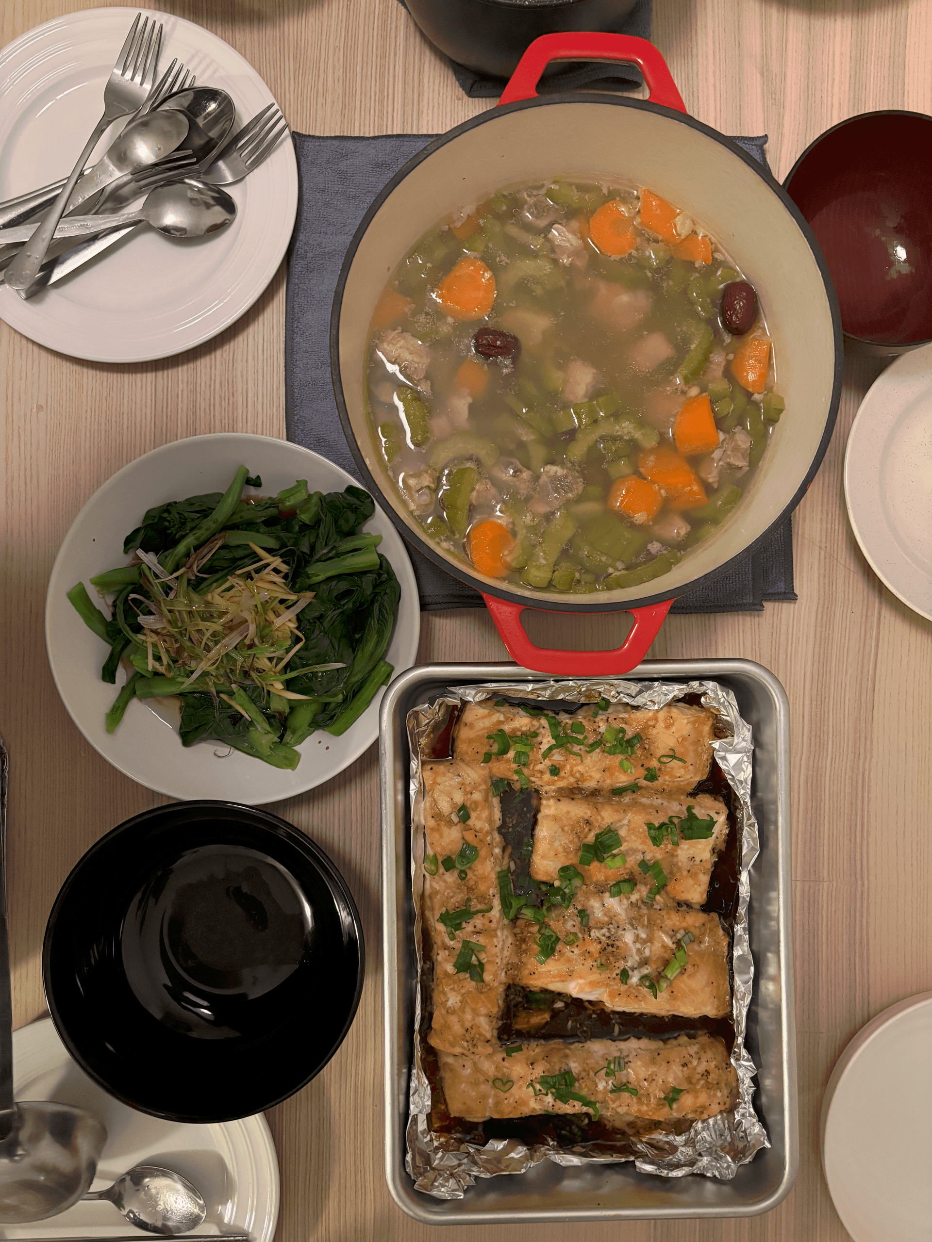 Masterchef-ed to my limit for B's family. Cantonese Bitter Melon Soup with Pork Ribs, Garlic Onion Choy Sum, Garlic Brown Sugar Caramelized Salmon